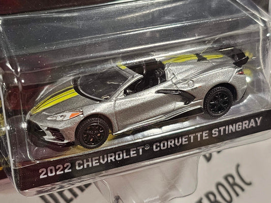 GreenLight Collectibles 2022 Chevrolet Corvette Stingray Silver w/ Yellow Stripes Hobby Exclusive
